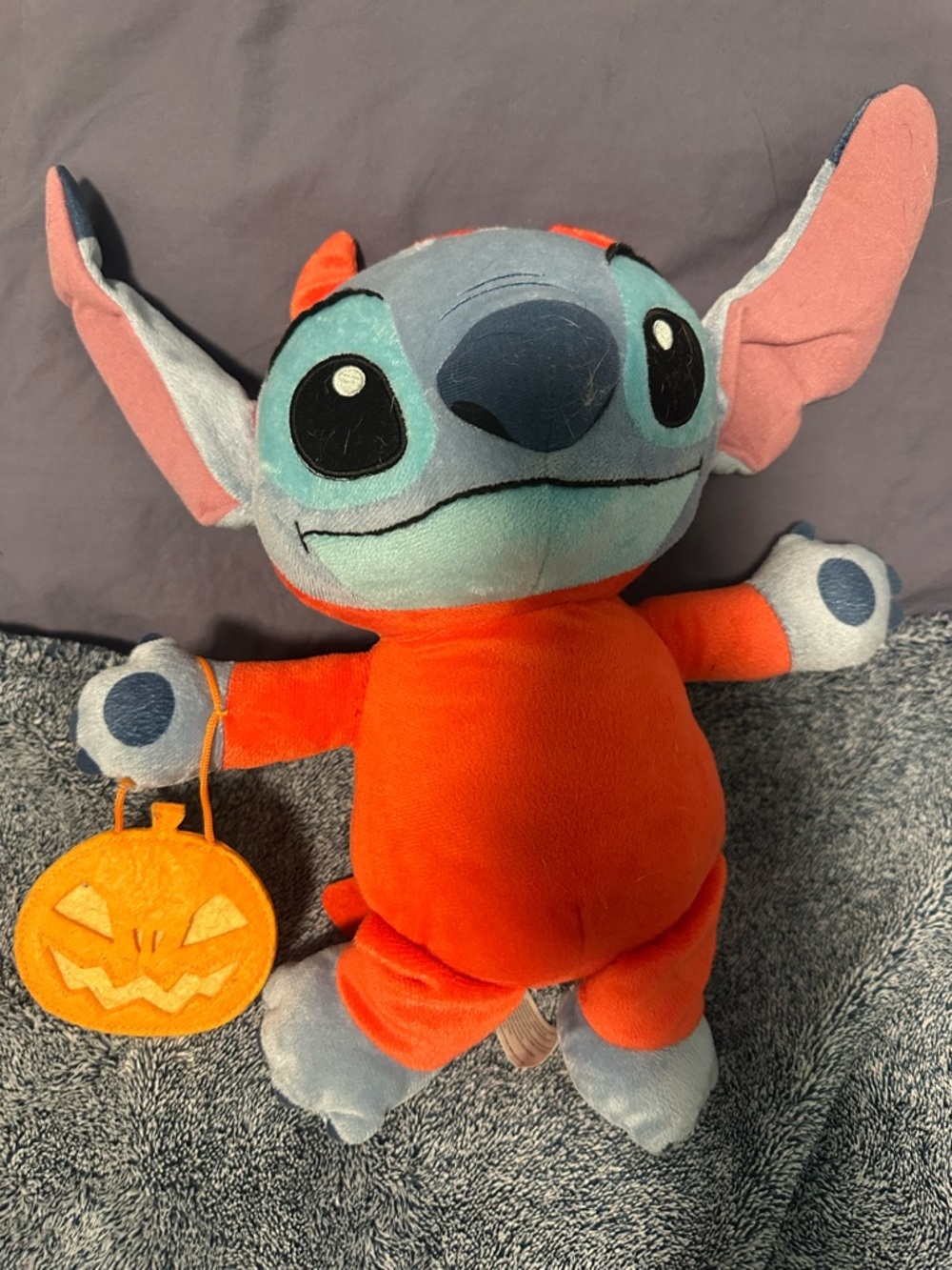 Disney Orange and Blue Stitch Plush with Pumpkin Accessory